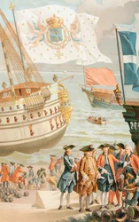 The Royal Flag of France Flying Over a French Navy Ship of the 18th Century, from 